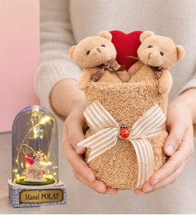 Kahve Premium Peluş Ayıcık Buketi ve Size Özel Işıklı Uniccornlu Fanus