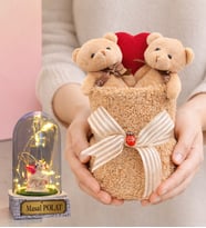 Kahve Premium Peluş Ayıcık Buketi ve Size Özel Işıklı Uniccornlu Fanus