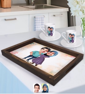 BK Gift Kişiye Özel Sevgililer Karikatürlü Doğal Ahşap Tepsi ve 2’li Kahve Fincan Seti-61