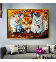 Tablore Yağlı Boya Dokulu Üçlü Kedi Portresi Çerçeveli Kanvas Tablo Modern Salon Dekoru