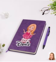 BK Gift Kişiye Özel Kadın Doğum Günü Karikatürlü Mor Termo Deri Defter Kalem Seti Model 1