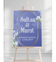 Söz Nişan Düğün İçin 50x70 Karşılama Panosu - Mavi Çiçek Tasarımlı