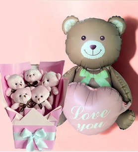 Kalpli Balonlu Ayıcık ile Pembe Peluş Ayıcık Buketi – Sevgiliye Kıza Balon Hediye Seti (Kahverengi)