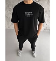 Unisex Bisiklet Yaka Baskılı Oversize T-Shirt - Siyah