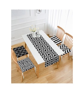 Siyah Beyaz Geometrik Çizimler Tasarımlı 4 Sandalye Minderi Ve 1 Runner Set