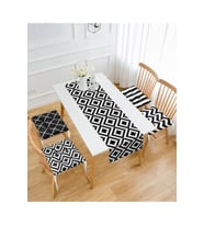 Siyah Beyaz Geometrik Çizimler Tasarımlı 4 Sandalye Minderi Ve 1 Runner Set