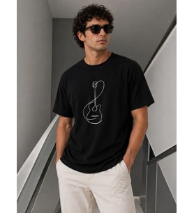 Erkek Minimal Gitar Baskılı Tişört T-Shirt Yazlık Kısa Kol Bisiklet Yaka T-Shirt - Siyah