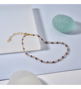 14 Ayar Altın Kaplama Amethyst  Doğal Taşlı  El Yapımı Gümüş Bileklik - CBS00122 (Mor)