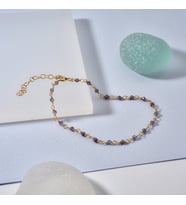 14 Ayar Altın Kaplama Amethyst  Doğal Taşlı  El Yapımı Gümüş Bileklik - CBS00122 (Mor)