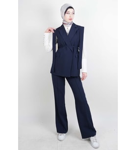 Tesettür Blazer Takım Omuz Tasarım Yelekli Blazer İkili Takım Lacivert