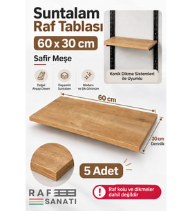 5’li Set - Suntalam Raf Tablası 60x30 cm Safir Meşe Ahşap Raf Konik Dikme Sistemleri ile Uyumlu