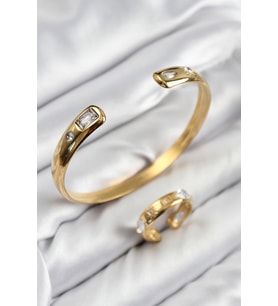 Pirinç Zirkon Taşlı Ayrık Model Gold Renk Bileklik Yüzük Set TJ-BB7605