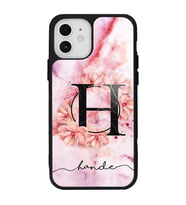 iPhone 12 - 12 Pro Uyumlu Pudra Mermer Çiçekli Harf Tasarımlı Glossy Telefon Kılıfı