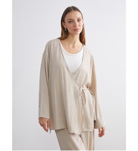 LCW Modest Bej Kruvaze Yaka Dokulu Kadın Kimono