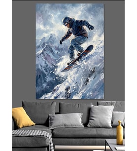 Karlı Dağlarda Snowboard Yapan Adam Dekoratif Kanvas - Mdf Ahşap Tablo