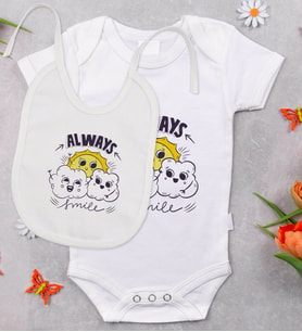 BK Kids Always Smile Tasarımlı Bebek Body Zıbın ve Mama Önlüğü Hediye Seti - Model 1