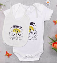 BK Kids Always Smile Tasarımlı Bebek Body Zıbın ve Mama Önlüğü Hediye Seti - Model 1