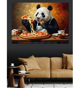 Pizza Yiyen Modern Siyah Panda Dekoratif Kanvas - Mdf Ahşap Tablo