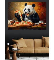 Pizza Yiyen Modern Siyah Panda Dekoratif Kanvas - Mdf Ahşap Tablo