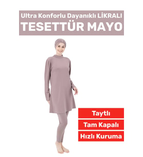 Premium Yüksek Kalite Konforlu Fermuarlı Tam Kapalı Yüzücü Deniz Havuz Taytlı Likralı TESETTÜR MAYO (Vizon)