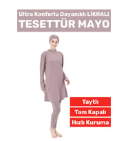 Premium Yüksek Kalite Konforlu Fermuarlı Tam Kapalı Yüzücü Deniz Havuz Taytlı Likralı TESETTÜR MAYO (Vizon)