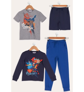 4'lü Süper Man Baskılı Lacivert Tshirt Şort Pantolon Takım