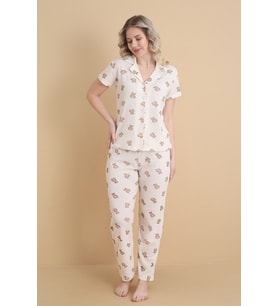 Mirano 1707 Ayıcık Desenli Pointel İnce Kumaş Düğmeli Kısa Kollu Kadın Pijama Takımı