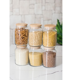 6 Lı Set Bambu Kapaklı Cam Kavanoz & Erzak Saklama Kabı 800 ml Orta  Boy ( Vakum Kapak )