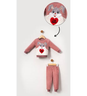Tavşan Görselli Kız Bebek & Çocuk Polar Kışlık Alt Üst Takım-Pembe