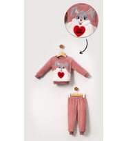 Tavşan Görselli Kız Bebek & Çocuk Polar Kışlık Alt Üst Takım-Pembe