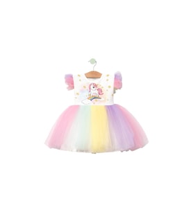 Baskılı UNICORN Kız Elbise 1/4 yaş (Krem)