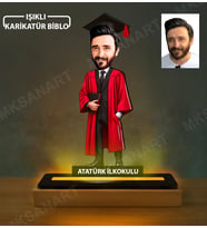 Fotoğraftan Kişiye Özel Erkek Mezun Karikatürlü 14 cm MDF Işıklı Biblo - Mezuniyet Hediyesi Yeni Mezuna Hediye