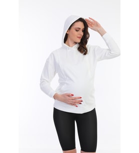 Hamile Pamuklu Kumaş Kapşonlu Sweatshirt (Beyaz)