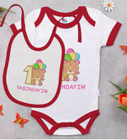 BK Kids 1 Yaşındayım Tasarımlı Kırmızı Bebek Body Zıbın ve Mama Önlüğü Hediye Seti-1