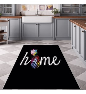 Siyah Home ve Ananas Desenli Yıkanabilir Kaymaz Taban Leke Tutmaz Modern Salon Halısı ve Yolluk (Çok Renkli)
