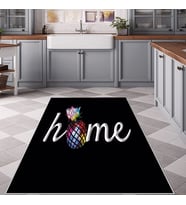 Siyah Home ve Ananas Desenli Yıkanabilir Kaymaz Taban Leke Tutmaz Modern Salon Halısı ve Yolluk (Çok Renkli)