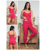 Kadın Fuşya Renkli Dantel Detaylı Şortlu Ve Taytlı Pijama Takımı 3'lü Set 75008