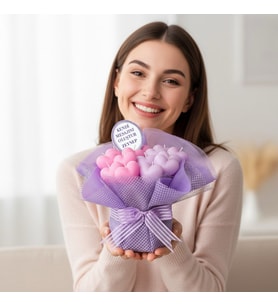 Annelere Ve Kişiye Özel İsimli Ve Mesajlı Premium El Emeği Pembe Lila Kalpler Mum Buketi