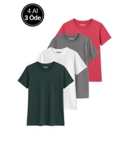 Kadın 4'lü Paket Antrasit-Beyaz-Gri-Pembe Oversize Tişört %100 Pamuk Bisiklet Yaka T-Shirt