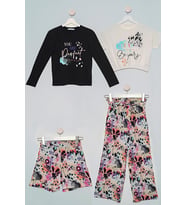 4'lü Batik Desen Çicek Tshirt Pantolon Şort Siyah Takım