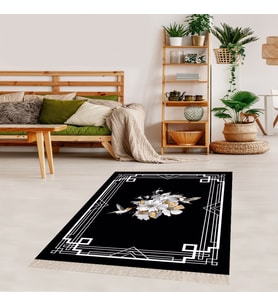 Çiçek Desenli Dijital Baskı Yıkanabilir Kaymaz Taban Modern Salon Halısı ve Yolluk (Siyah)