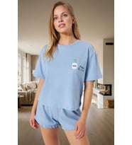 Kadın Pamuklu Örme Pijama Takımı Yazlık Kısa Şortlu Rahat Tasarım Ve Şık Mükemmel Uyum (Açık Mavi)