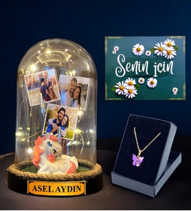 Sizlere Özel Hazırlanacak Hediye Seti, İsimli 3 Fotoğraflı Led Işıklı Fanus ve Kelebek Kolye (Model 6)