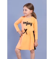 Toontoy Kız Çocuk Taş İşlemeli Enjoy Baskılı Elbise (Turuncu)