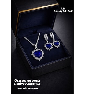 925 Ayar Gümüş Mavi Safir Kalp Taşlı Pırlanta Görünümlü Kolye Küpe Gümüş Takı Seti Hediye Set