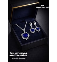925 Ayar Gümüş Mavi Safir Kalp Taşlı Pırlanta Görünümlü Kolye Küpe Gümüş Takı Seti Hediye Set