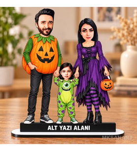 3 Kişilik Halloween Aile Temalı Kişiye Özel Karikatürlü 18 cm MDF Masaüstü Biblo - Aile Hediyesi Anne Baba ve Aileye Hediye