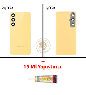 Samsung Galaxy S24 FE Sarı Renk Lensli Arka Kapak + B7000 Yapıştırıcı Arka Cam Batarya Kapağı Pil Kapağı Lazer Kesim Back Cover Galaxy S24 FE Uyumlu