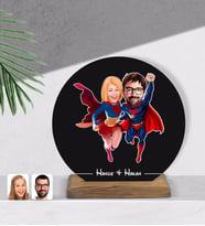 BK Gift Kişiye Özel Süper Sevgililer Karikatürlü Yuvarlak Ahşap Biblo-2