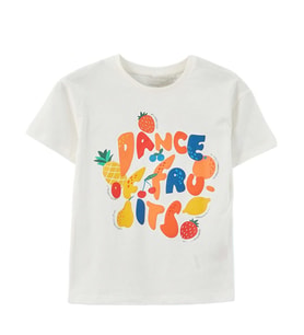 Ekru Bisiklet Yaka Baskılı Kısa Kollu Kız Çocuk Tişört/T-shirt